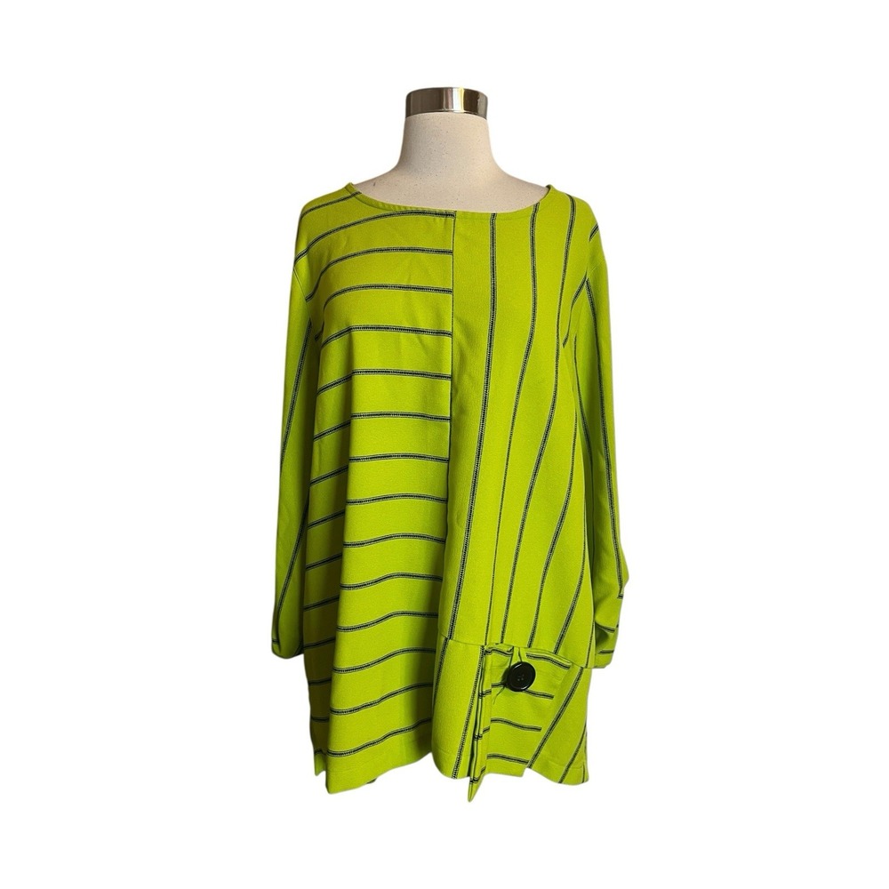 Ali Miles Tunic Top Plus Size 1X Green Black Striped Artsy Blouse